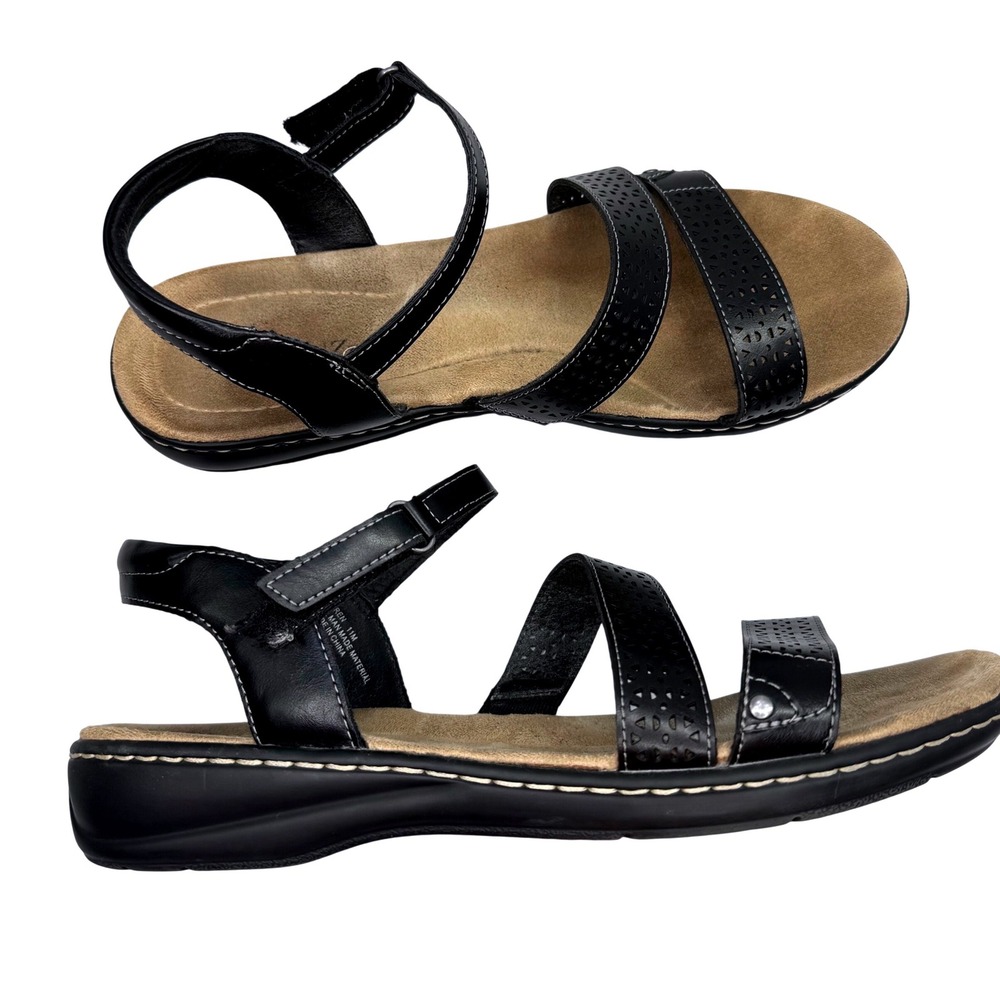 Solanz Strappy Sandals Womens‎ 11 Black Laser Cut Hook Loop Casual Boho Comfort